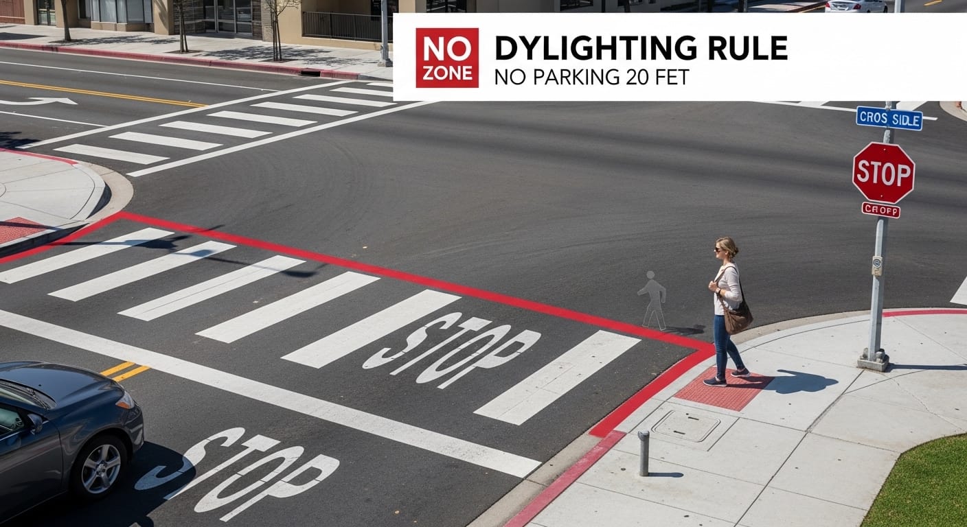 California daylighting rule near marked crosswalk