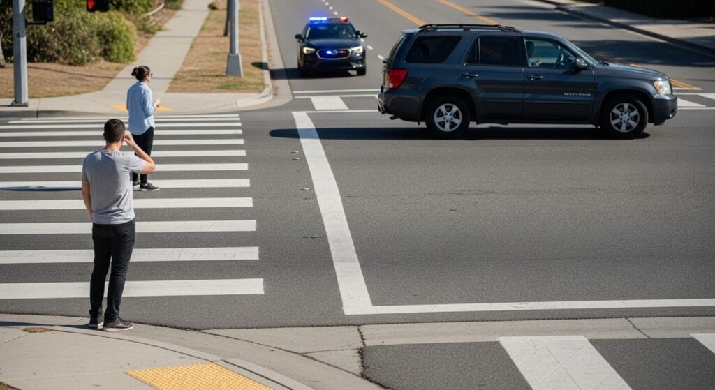 Riverside crosswalk accident with blocked visibility near intersection