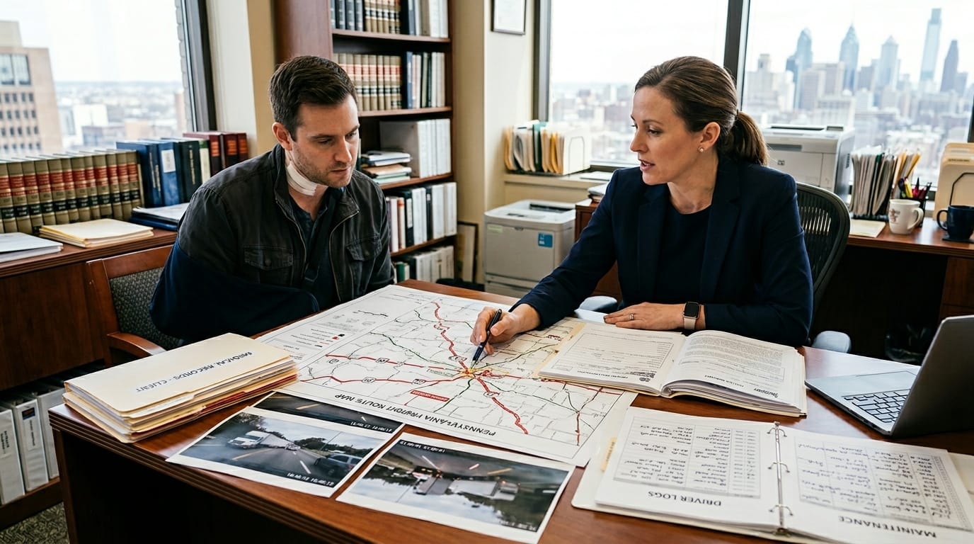 Attorney reviewing truck route evidence and medical records after a Riverside truck accident