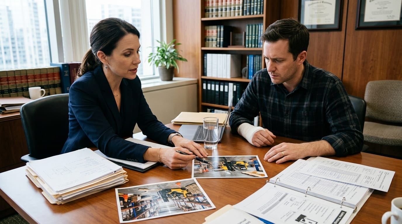 Attorney reviewing warehouse forklift injury evidence and medical records with a client