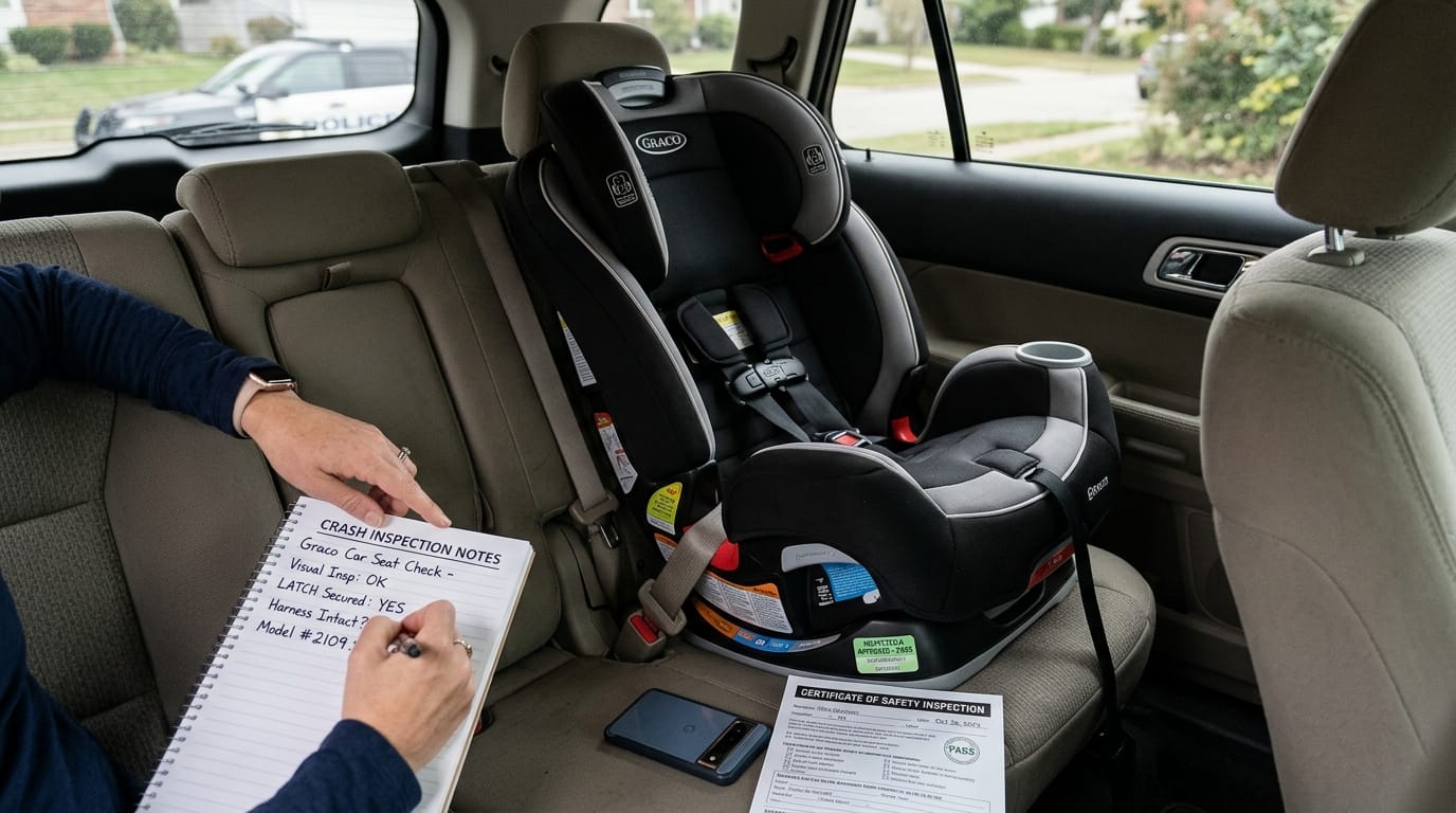 Child car seat documented as evidence after a Riverside rear-end crash.