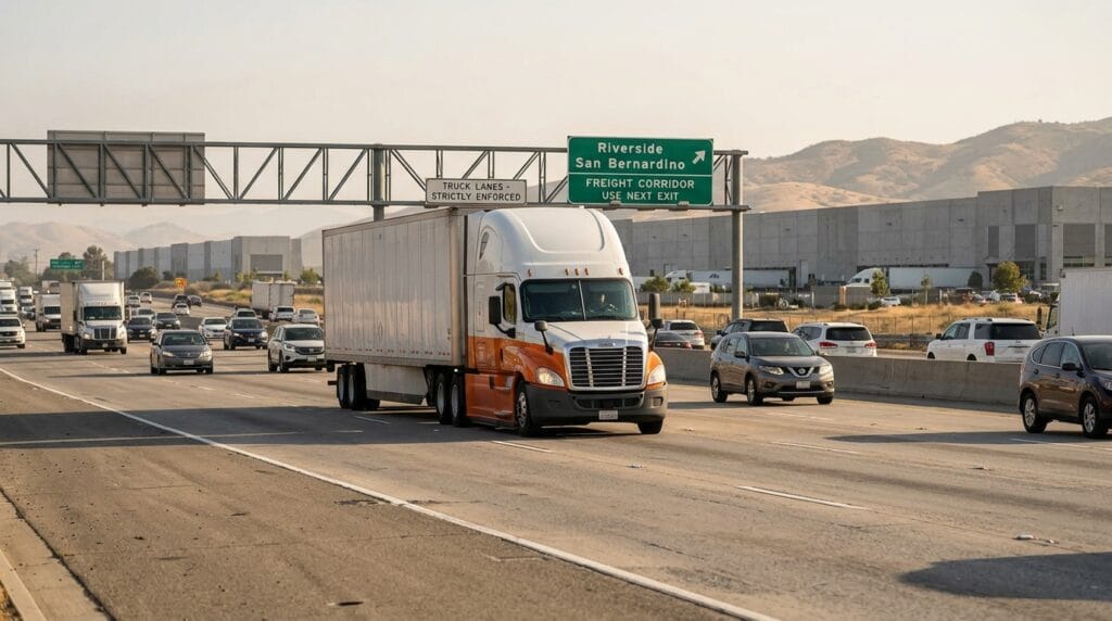 Commercial truck traveling on a Riverside freight corridor involved in a truck route accident claim