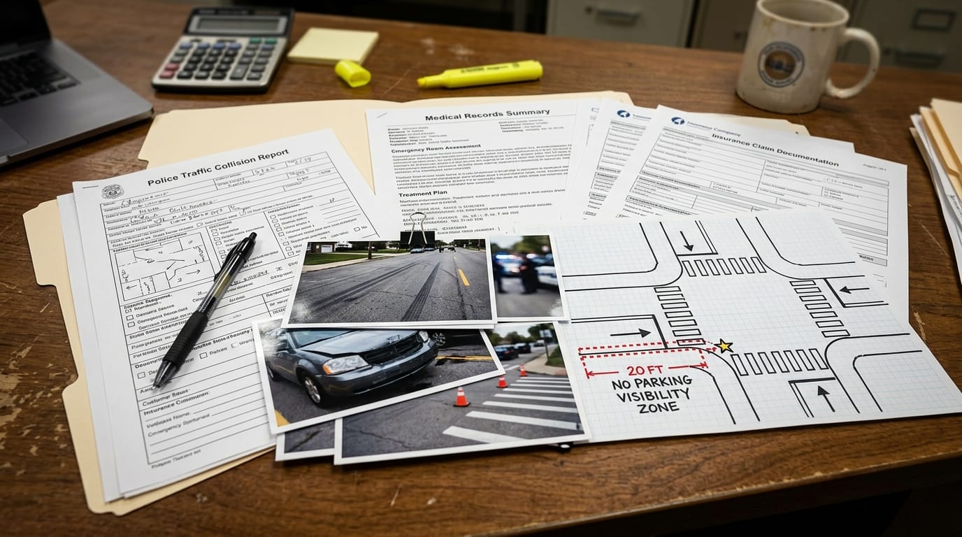 Crosswalk accident evidence showing visibility, police report, and medical records