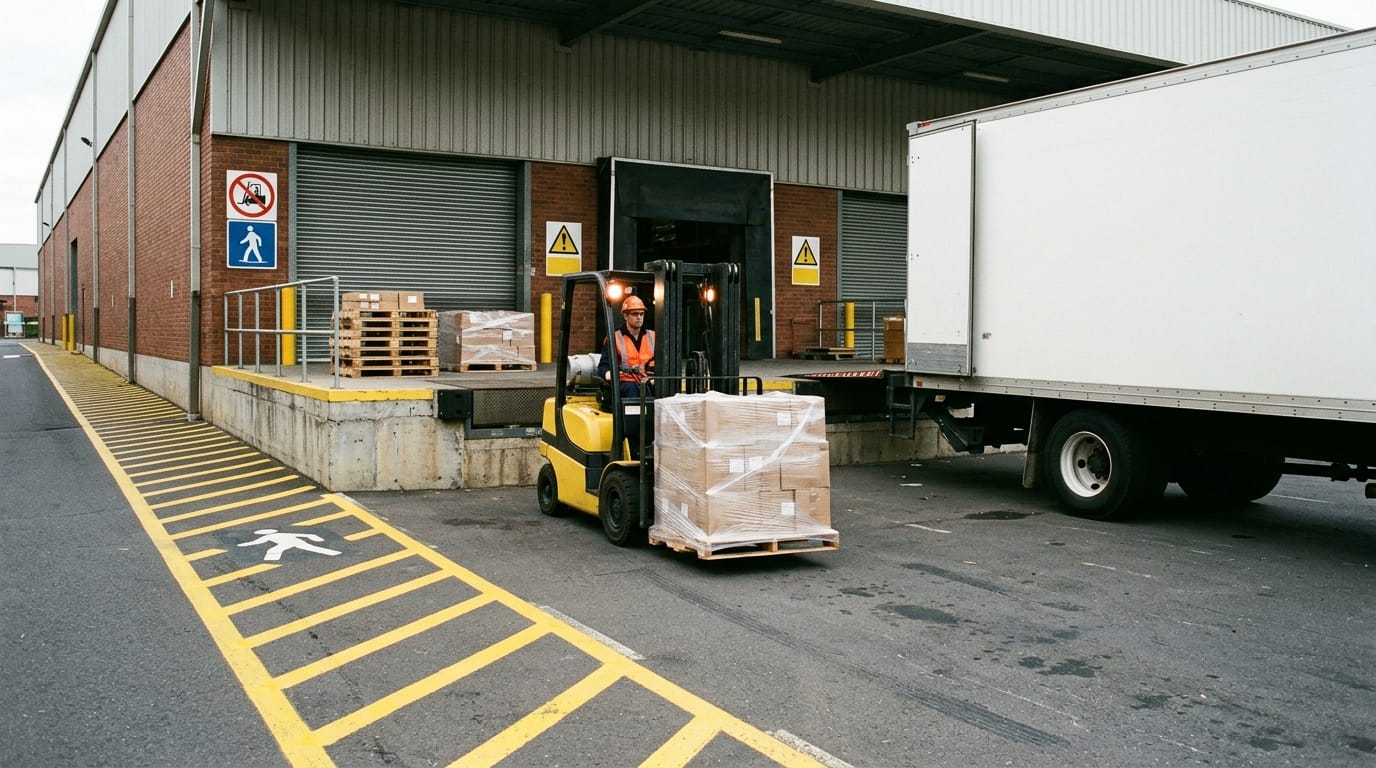 Forklift operating near a warehouse loading dock where injury evidence may matter