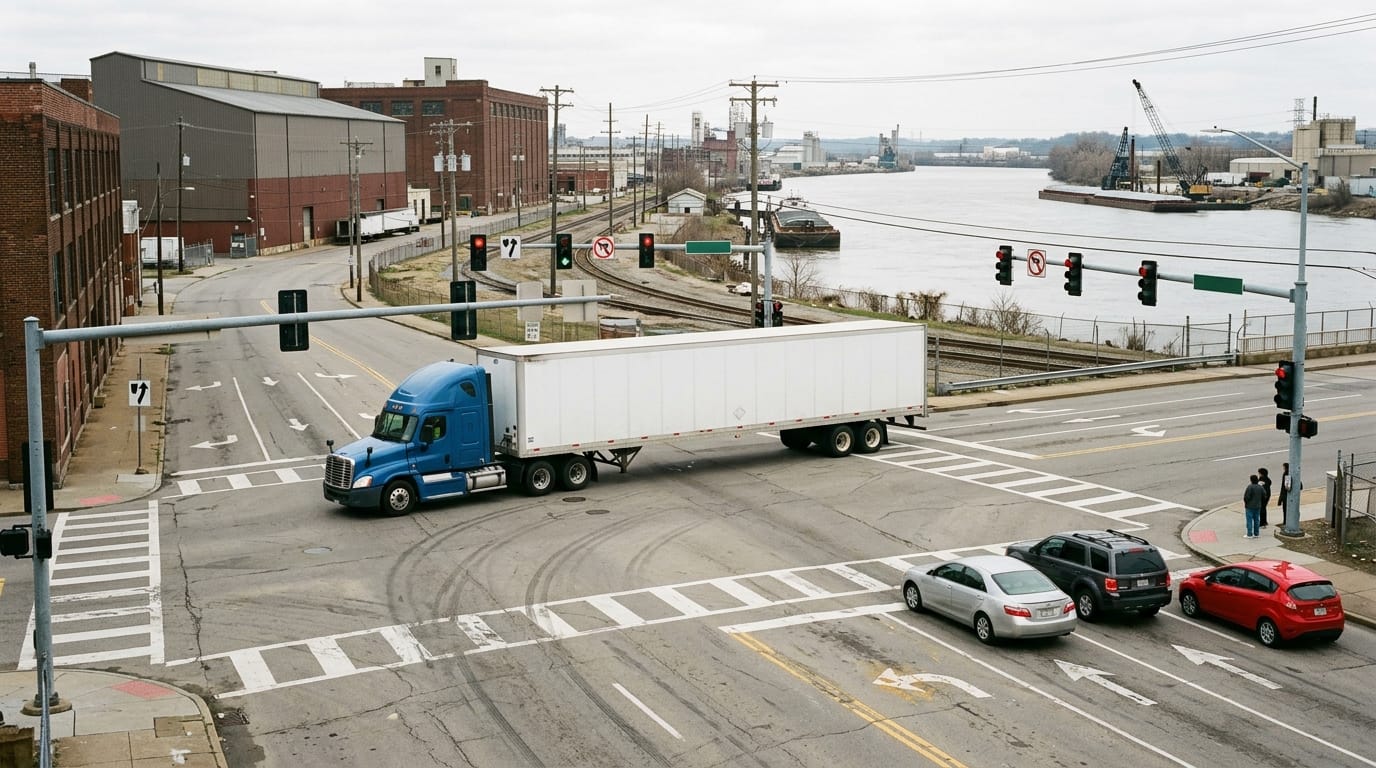 Large truck turning near a Riverside warehouse district where route and fault evidence may matter