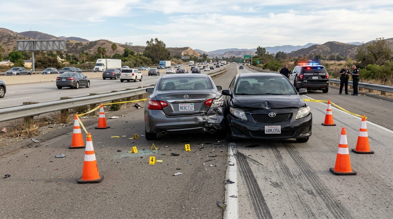 Rear-end crash evidence on a Riverside freeway shoulder after a multi-vehicle collision.