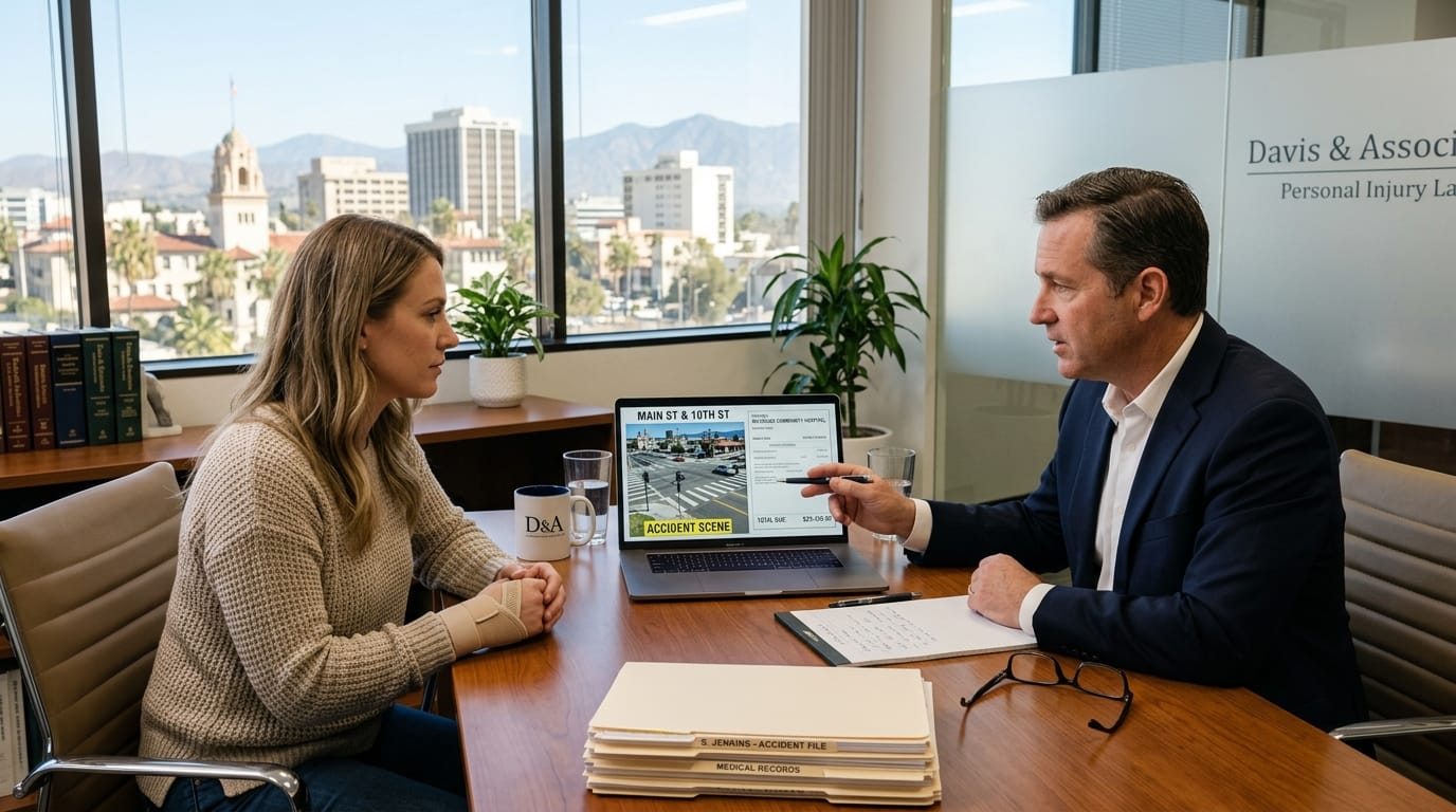 Riverside accident lawyer reviewing a crosswalk injury claim with a pedestrian victim