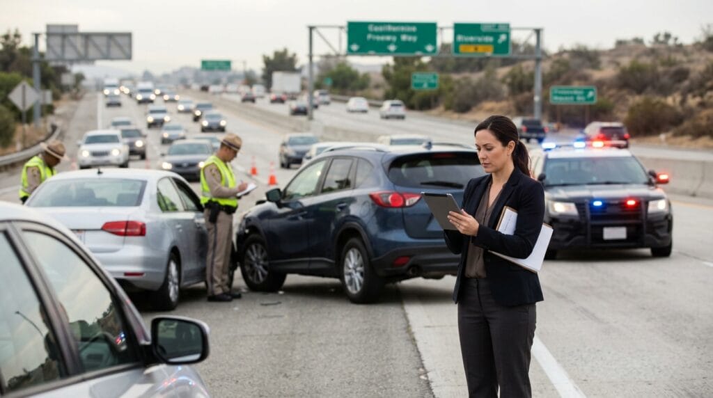 Riverside car accident victim reviewing medical bills and insurance after a freeway crash
