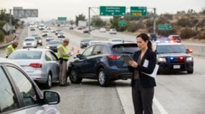 Riverside car accident victim reviewing medical bills and insurance after a freeway crash