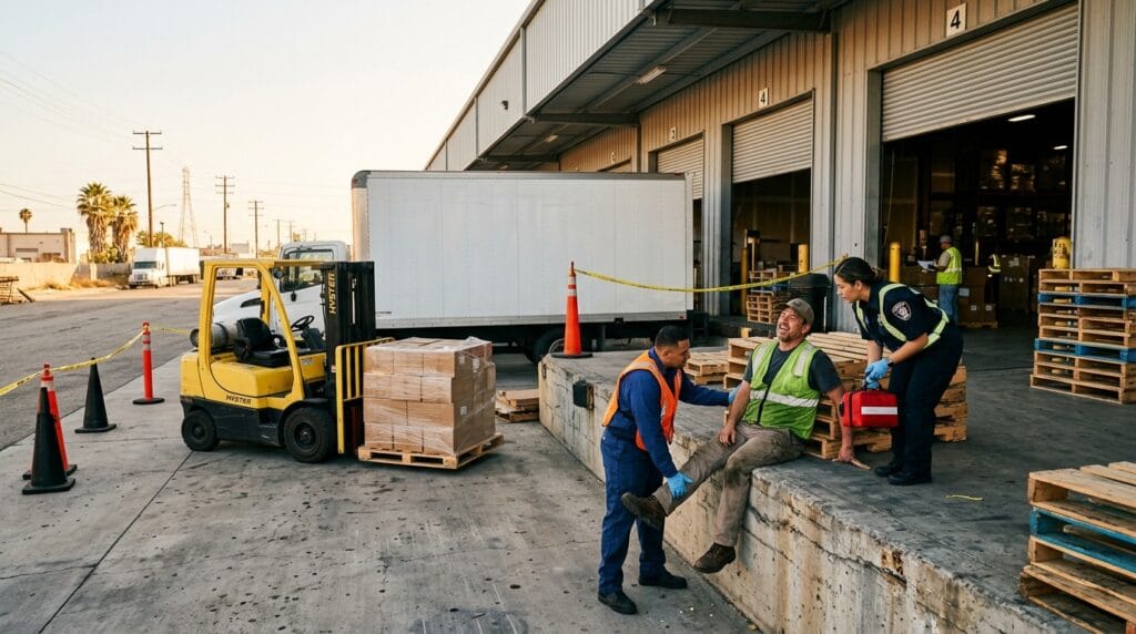 Riverside warehouse forklift injury scene near a loading dock with legal claim evidence