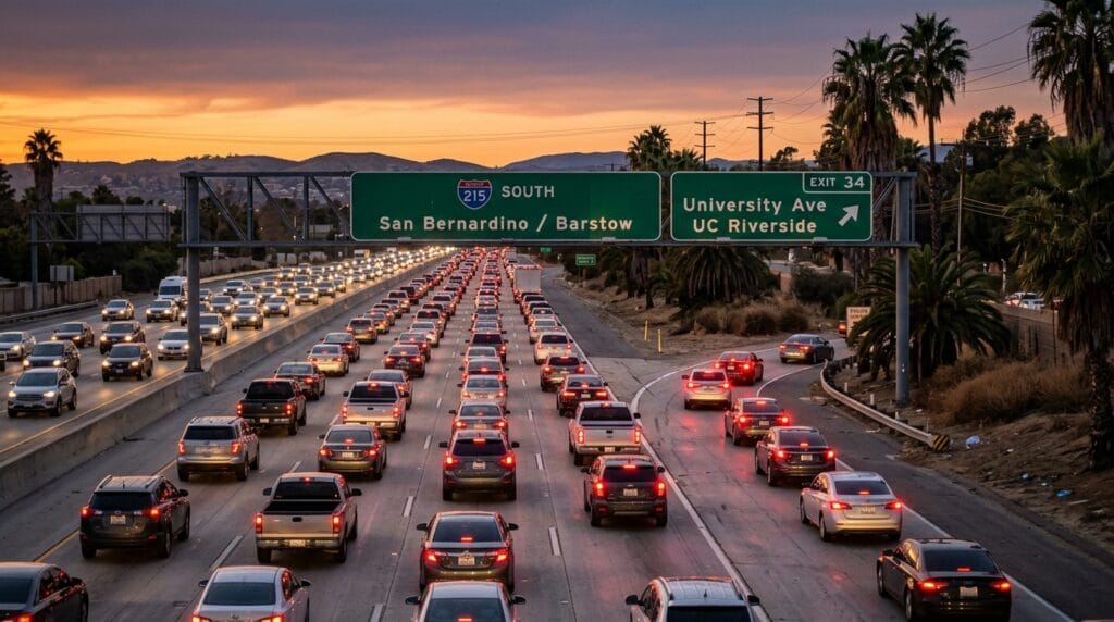 Slow traffic on the 215 Freeway showing Riverside rear-end crash risks.