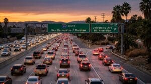 Slow traffic on the 215 Freeway showing Riverside rear-end crash risks.