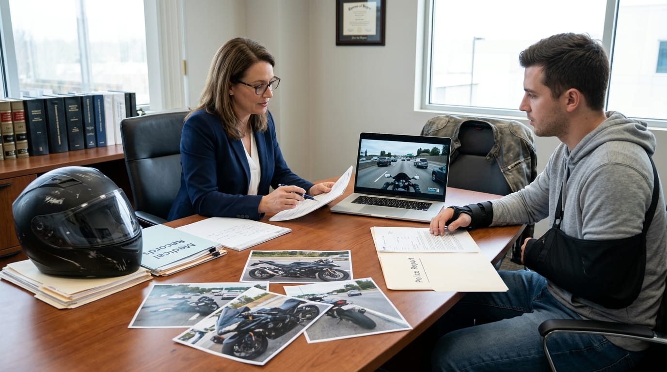 Attorney reviewing Riverside motorcycle lane-splitting accident evidence with a rider