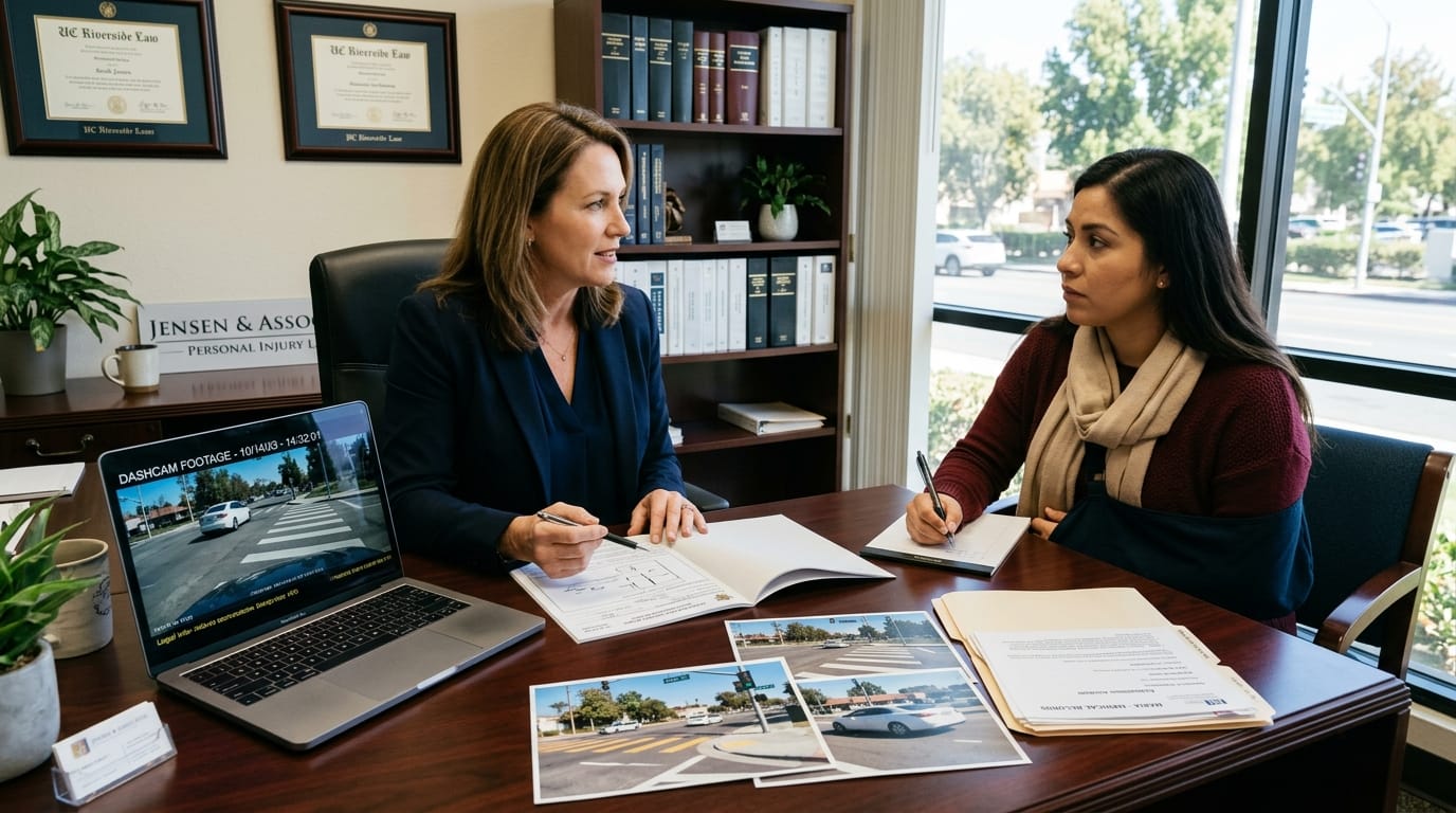 Attorney reviewing Riverside pedestrian accident claim evidence with a client