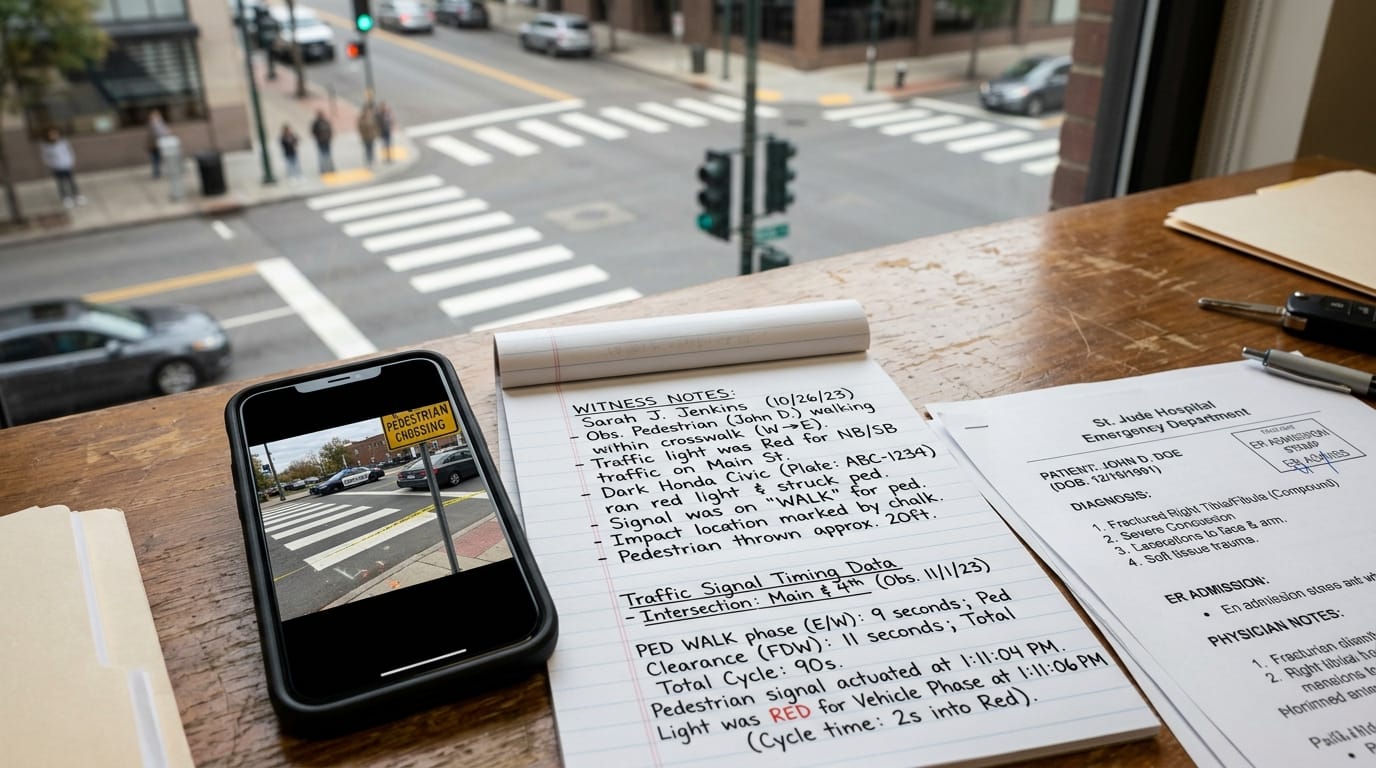 Crosswalk photos and witness evidence for a Riverside pedestrian accident claim