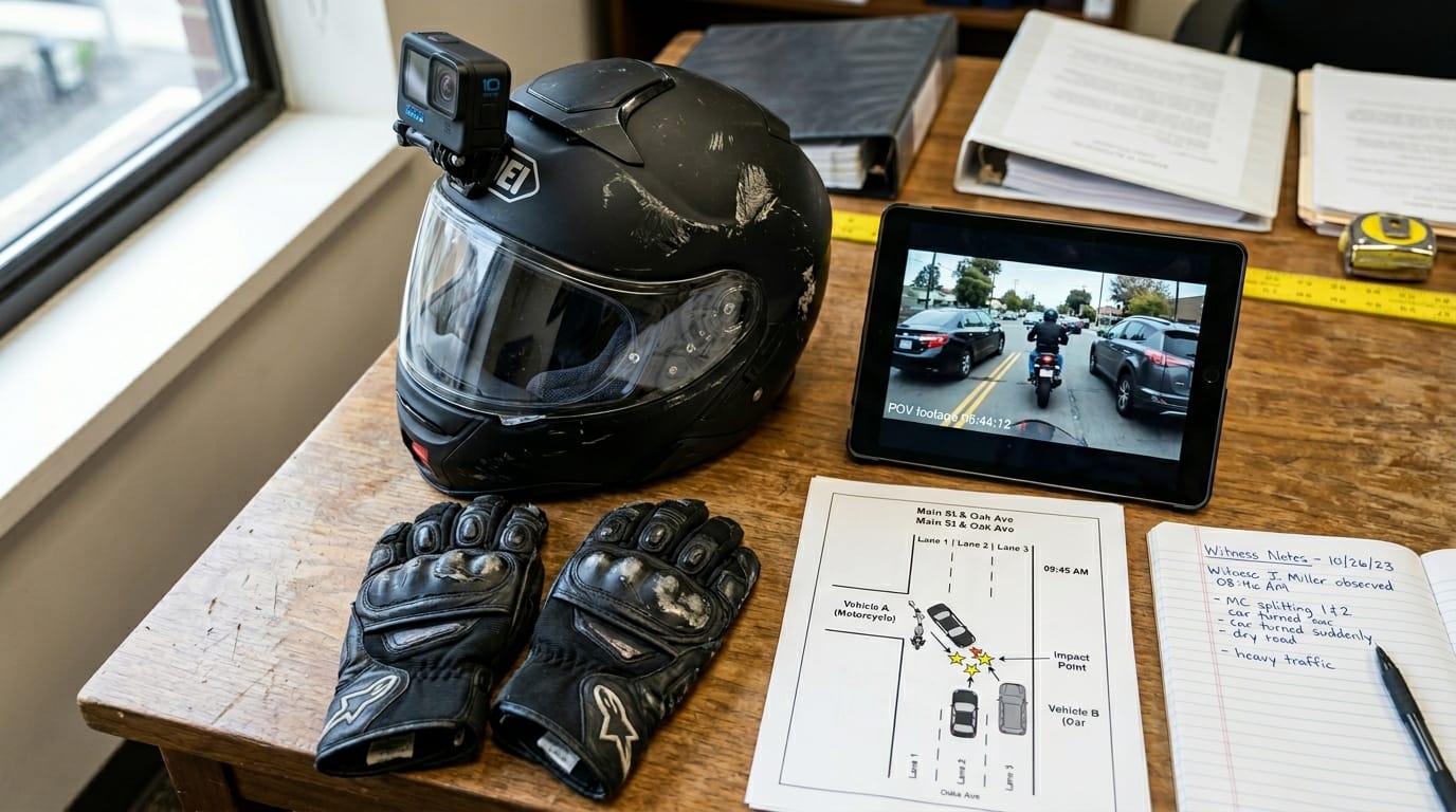 Helmet camera footage and riding gear evidence for a motorcycle lane-splitting accident claim
