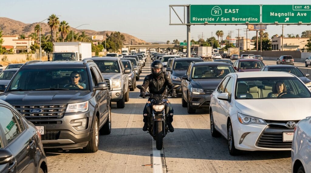 Riverside motorcycle lane-splitting accident claim involving traffic and blind spot risks