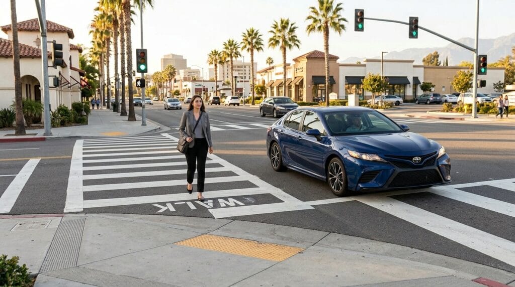 Riverside pedestrian accident claim involving a right-turn crosswalk crash risk