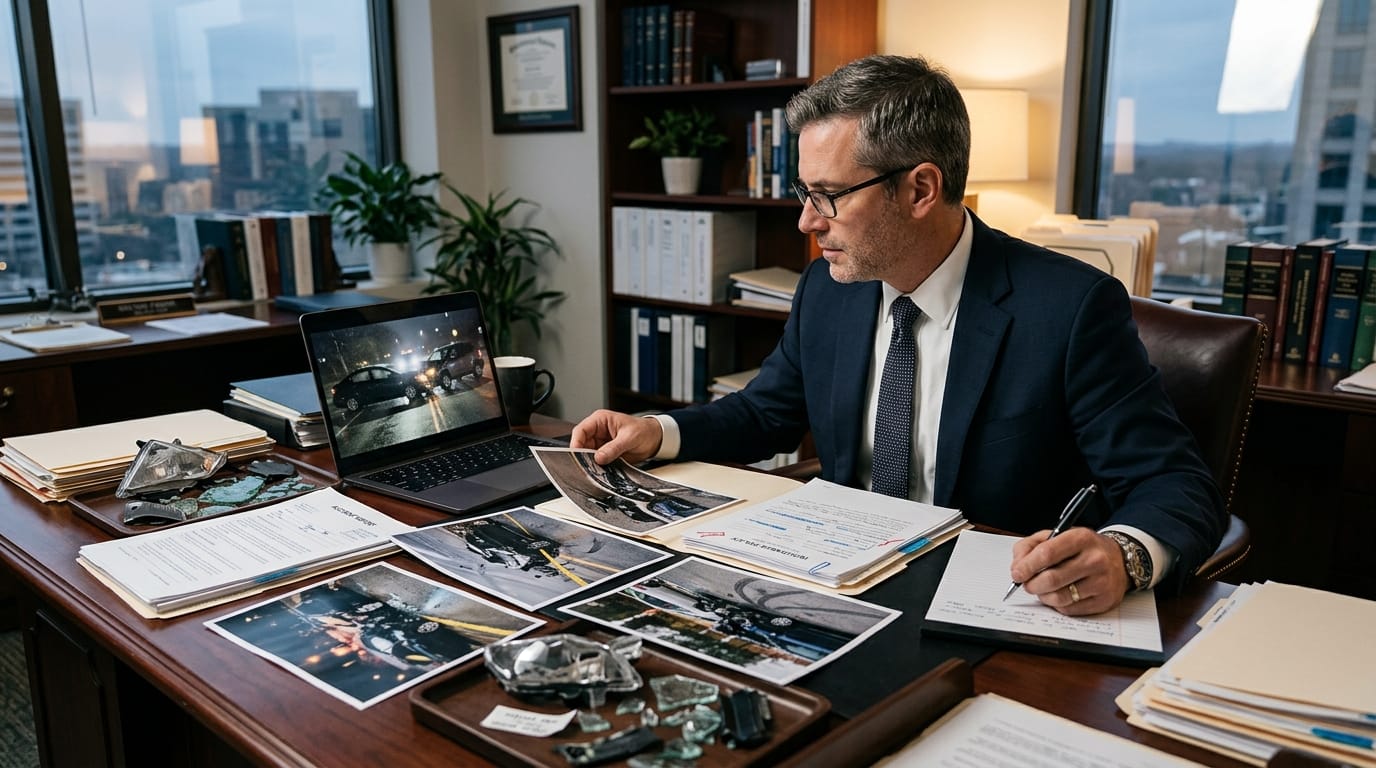 Attorney reviewing dashcam and vehicle debris evidence after a Riverside ghost plate accident