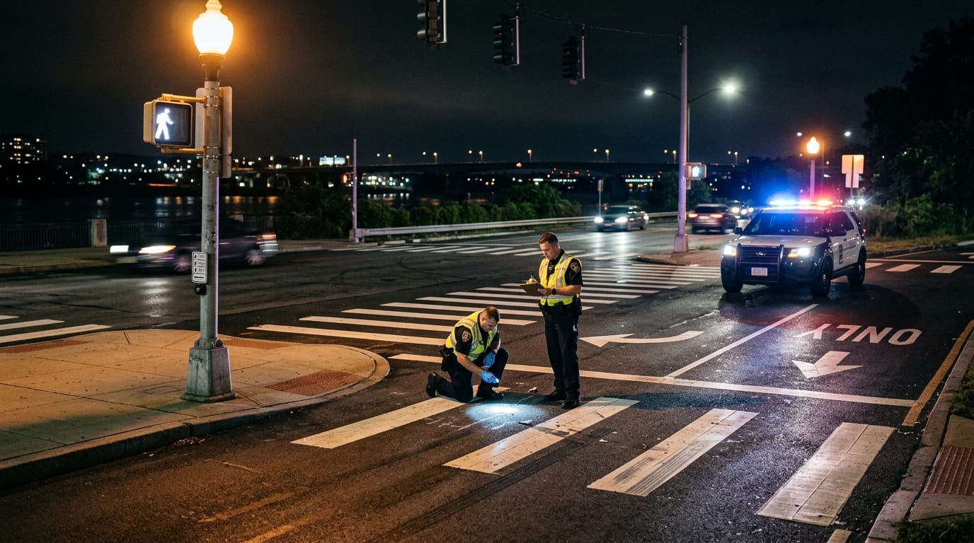 Riverside nighttime pedestrian claim evidence showing a crosswalk, streetlights, and right-turn crash scene